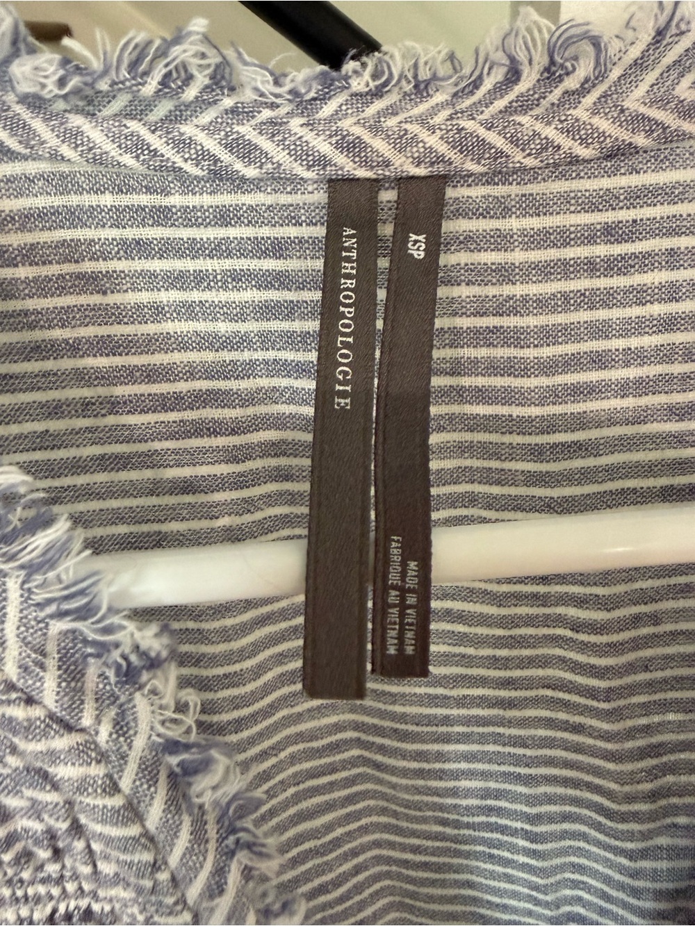 Anthropologie Blue-White Pinstripe Frayed V-Neck Flutter Top - Picture 5 of 6